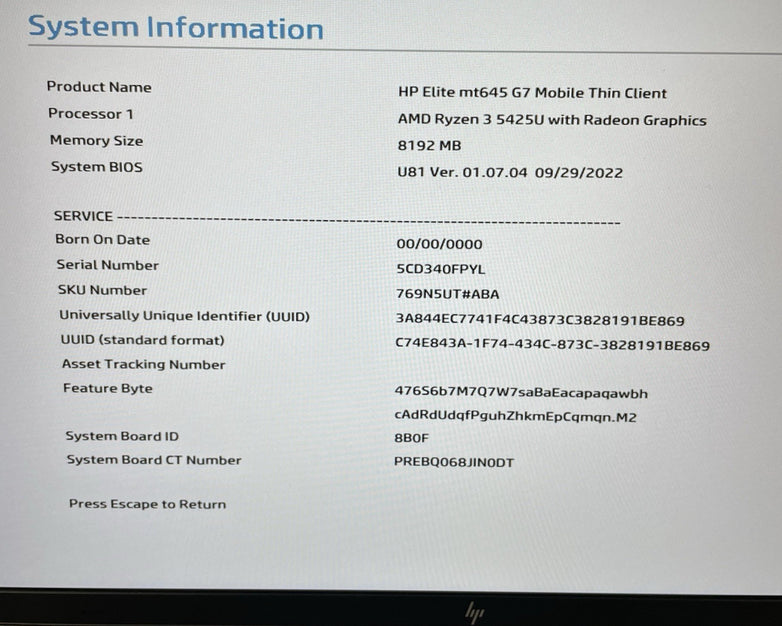 HP Elite mt645 G7 14" Ryzen 3 5425U 2.70 GHz 8 GB RAM No SSD/OS/AC