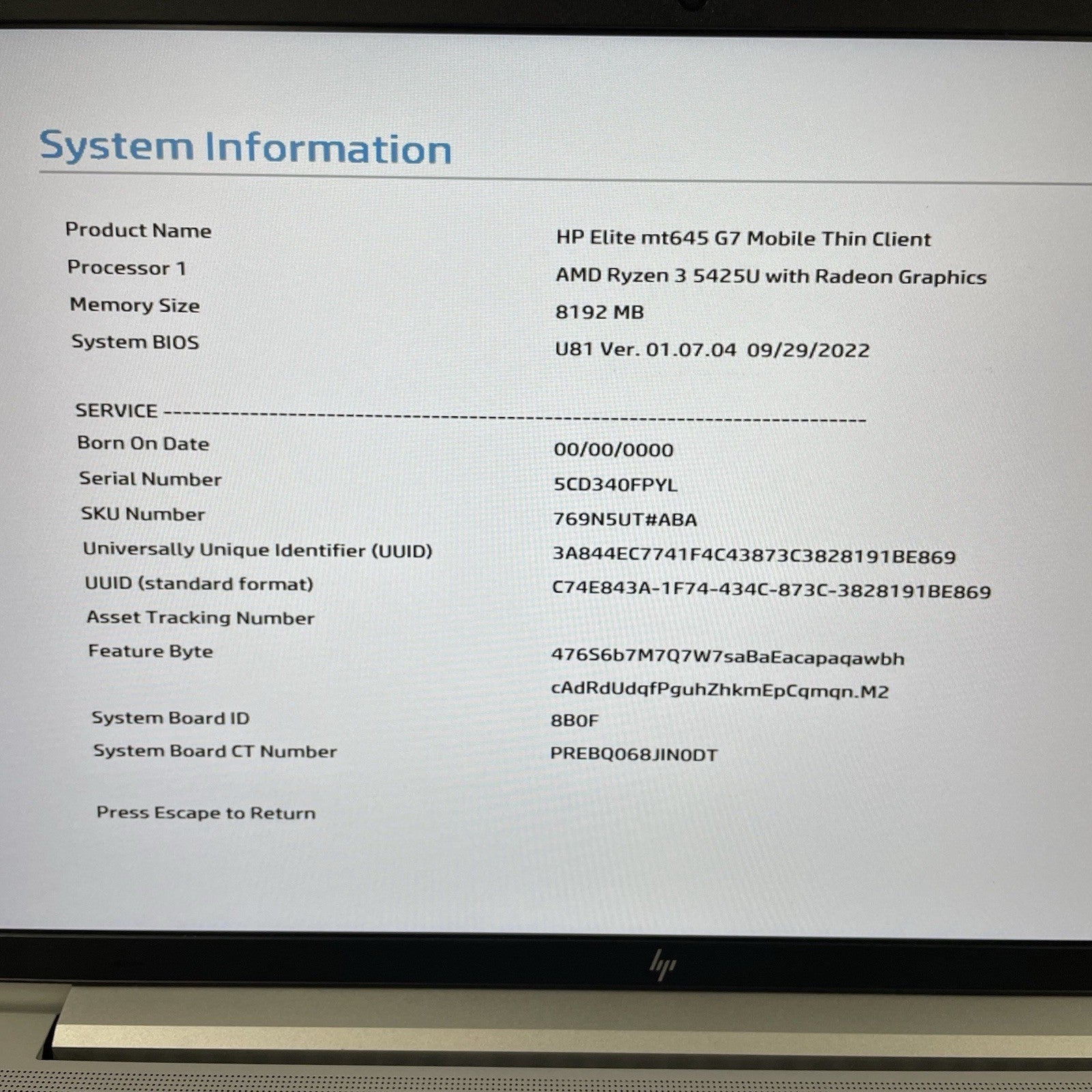 HP Elite mt645 G7 14" Ryzen 3 5425U 2.70 GHz 8 GB RAM No SSD/OS/AC1