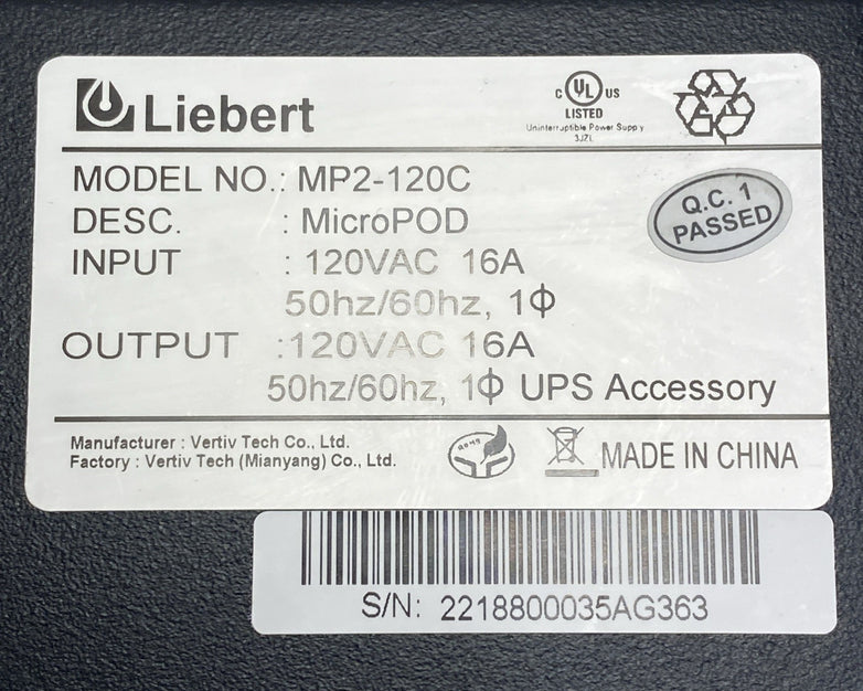 Vertiv MP2-120C Liebert MicroPOD AC Power System 120V 16A Right Angle NEMA 5-20P