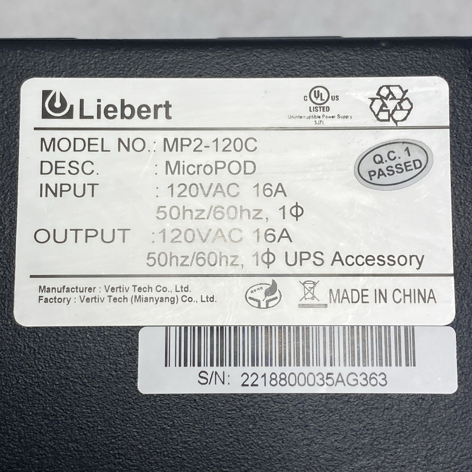 Vertiv MP2-120C Liebert MicroPOD AC Power System 120V 16A Right Angle NEMA 5-20P7