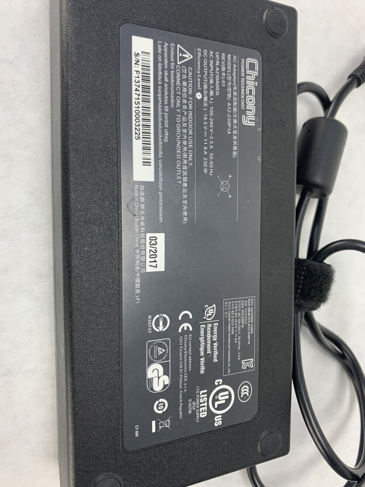 Chicony AC Adapter A12-230P1A 19.5V DC 11.8A 230W MSI GE73 Raider