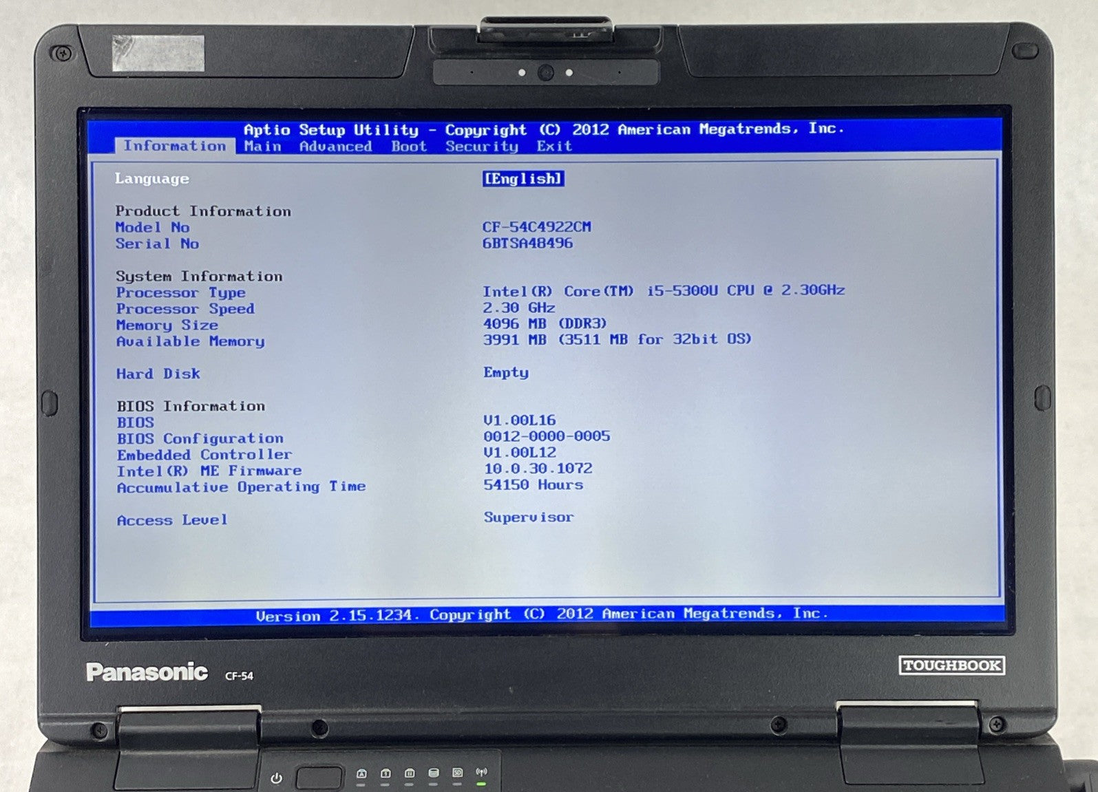 Panasonic Toughbook CF-54 14" Touch i5-5300U 2.3GHz 4GB RAM No Battery No HDD/OS