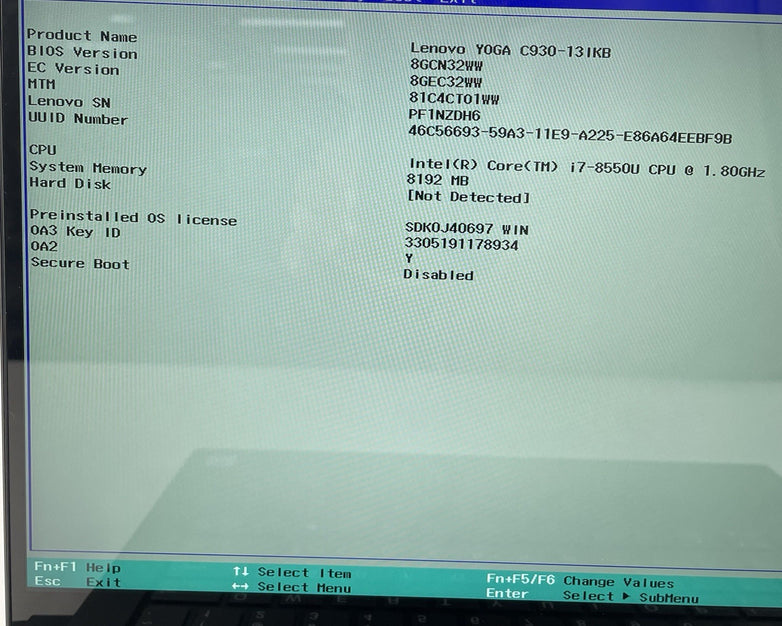 Lenovo Yoga C930-131KB 14" i7-8550U 1.80 GHz 8 GB RAM No SSD/OS/AC