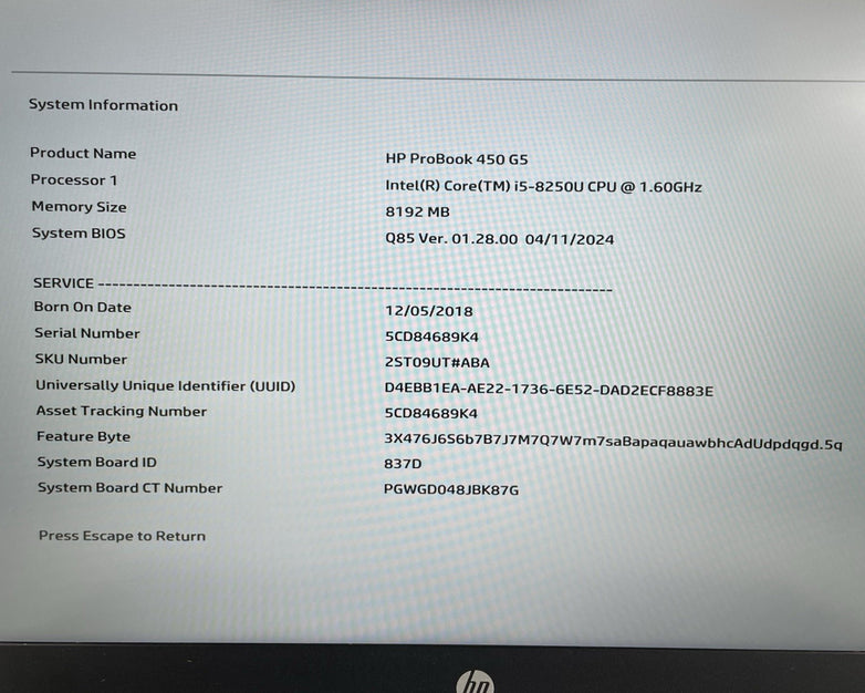 HP ProBook 450 G5 15.6" i5-8250U 1.60 GHz 8 GB RAM No SSD/OS/AC