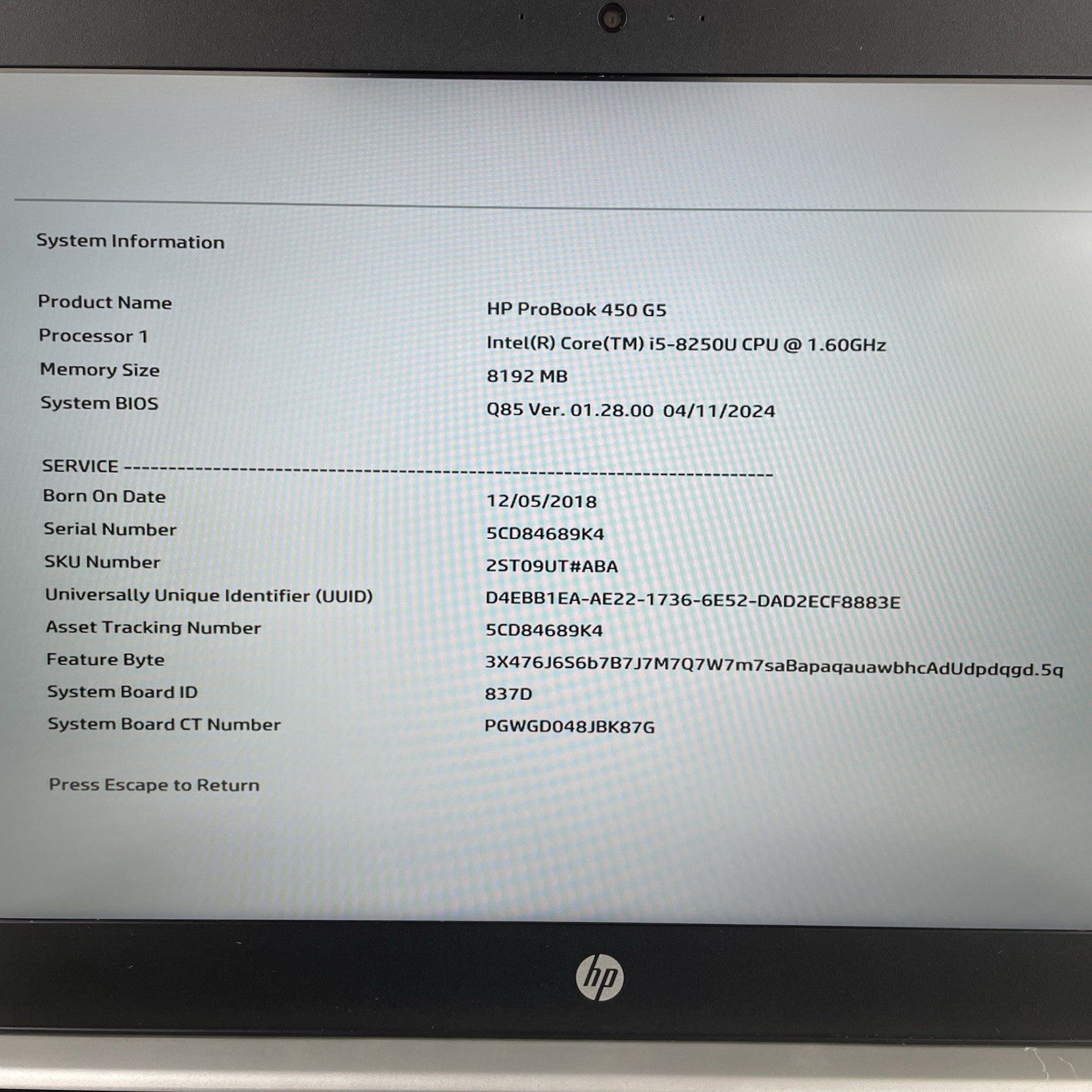 HP ProBook 450 G5 15.6" i5-8250U 1.60 GHz 8 GB RAM No SSD/OS/AC3