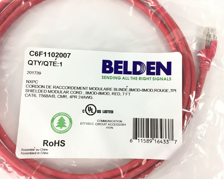 Belden C6F1102007 CAT6 Ethernet Patch Networking Cable 201739 Cord, RED, 7-Foot