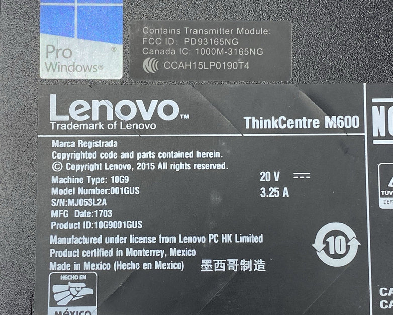 Lenovo ThinkCentre M600 Micro Pentium J3710 1.6GHz 4GB RAM No HDD OS Power Cord