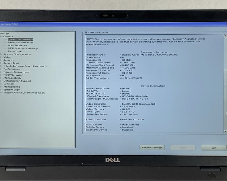 Dell Latitude 5500 Core i5-8365U 1.6GHz 16GB RAM 15.6" No Battery No HDD No OS