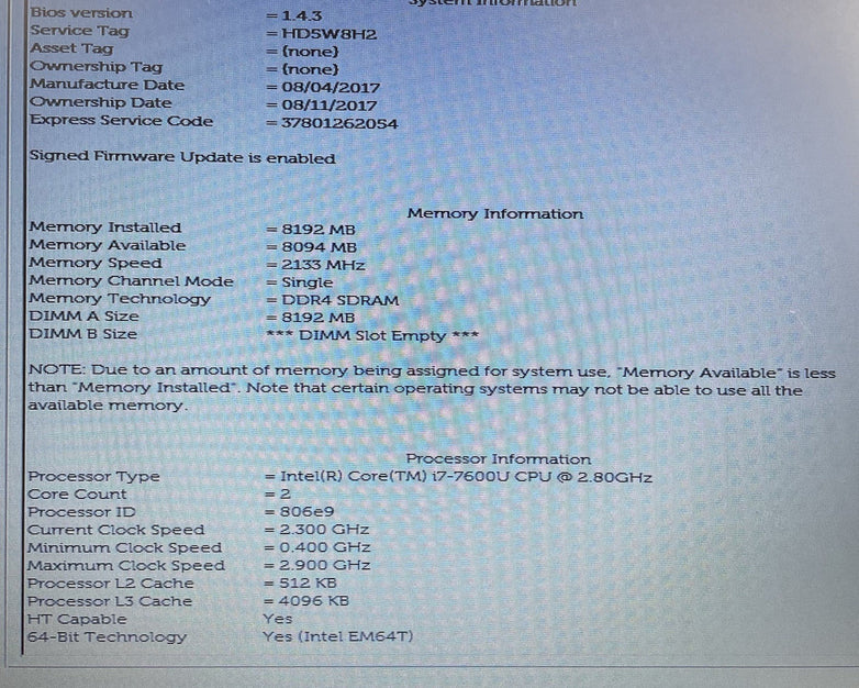 Dell Latitude 5480 14" i7-7600U 2.80 GHz 8 GB RAM No SSD/OS/AC/Batt