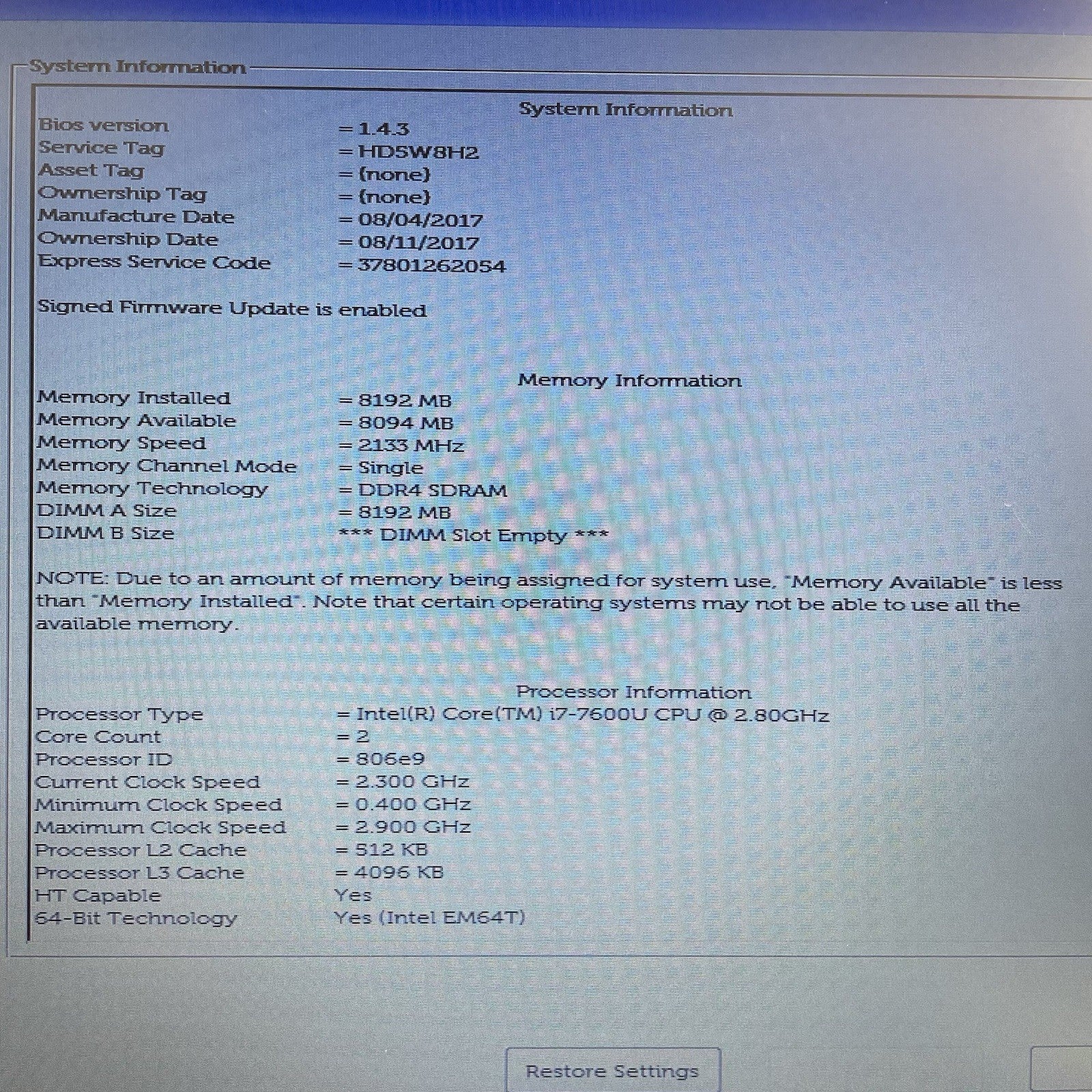 Dell Latitude 5480 14" i7-7600U 2.80 GHz 8 GB RAM No SSD/OS/AC/Batt2