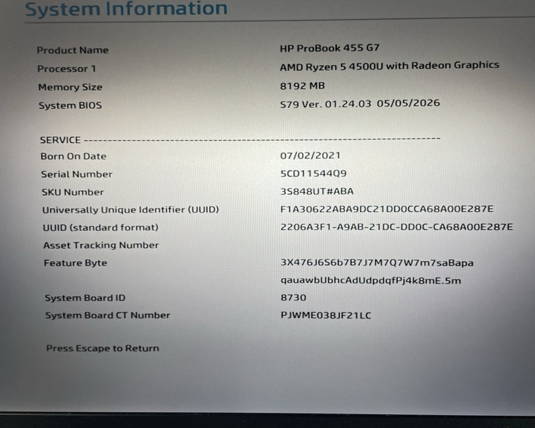 HP ProBook 455 G7 15.6" Ryzen 5 4500U 2.375 GHz 8 GB RAM No SSD/OS/AC - READ