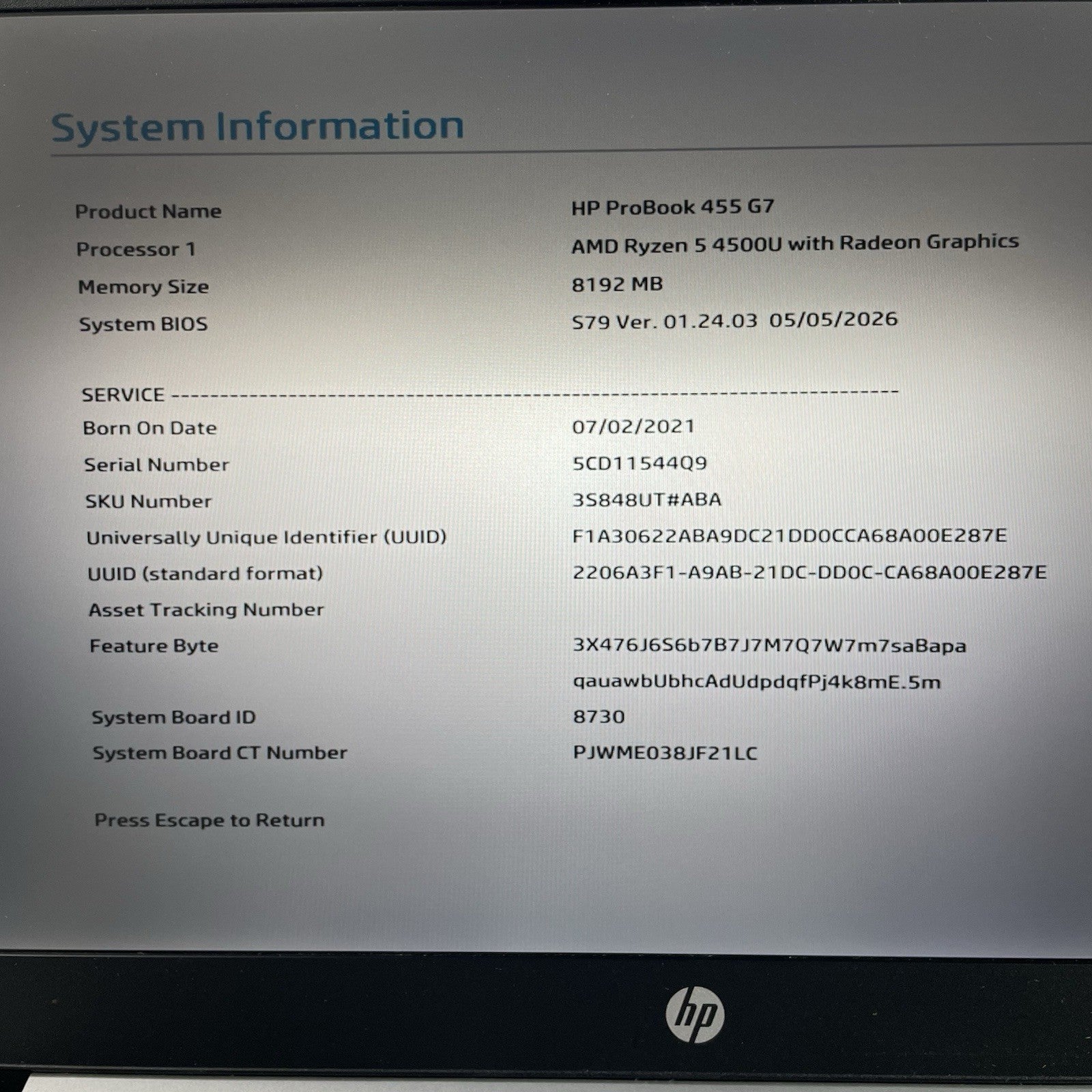 HP ProBook 455 G7 15.6" Ryzen 5 4500U 2.375 GHz 8 GB RAM No SSD/OS/AC - READ2