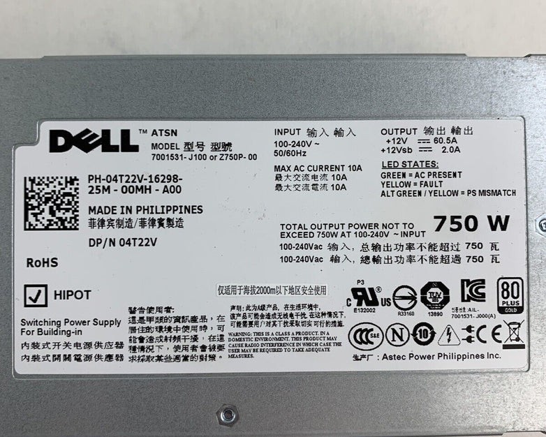 Dell 7001531-J100 Z750P-00 750W Power Supplies 4T22V Lot of 2 Tested