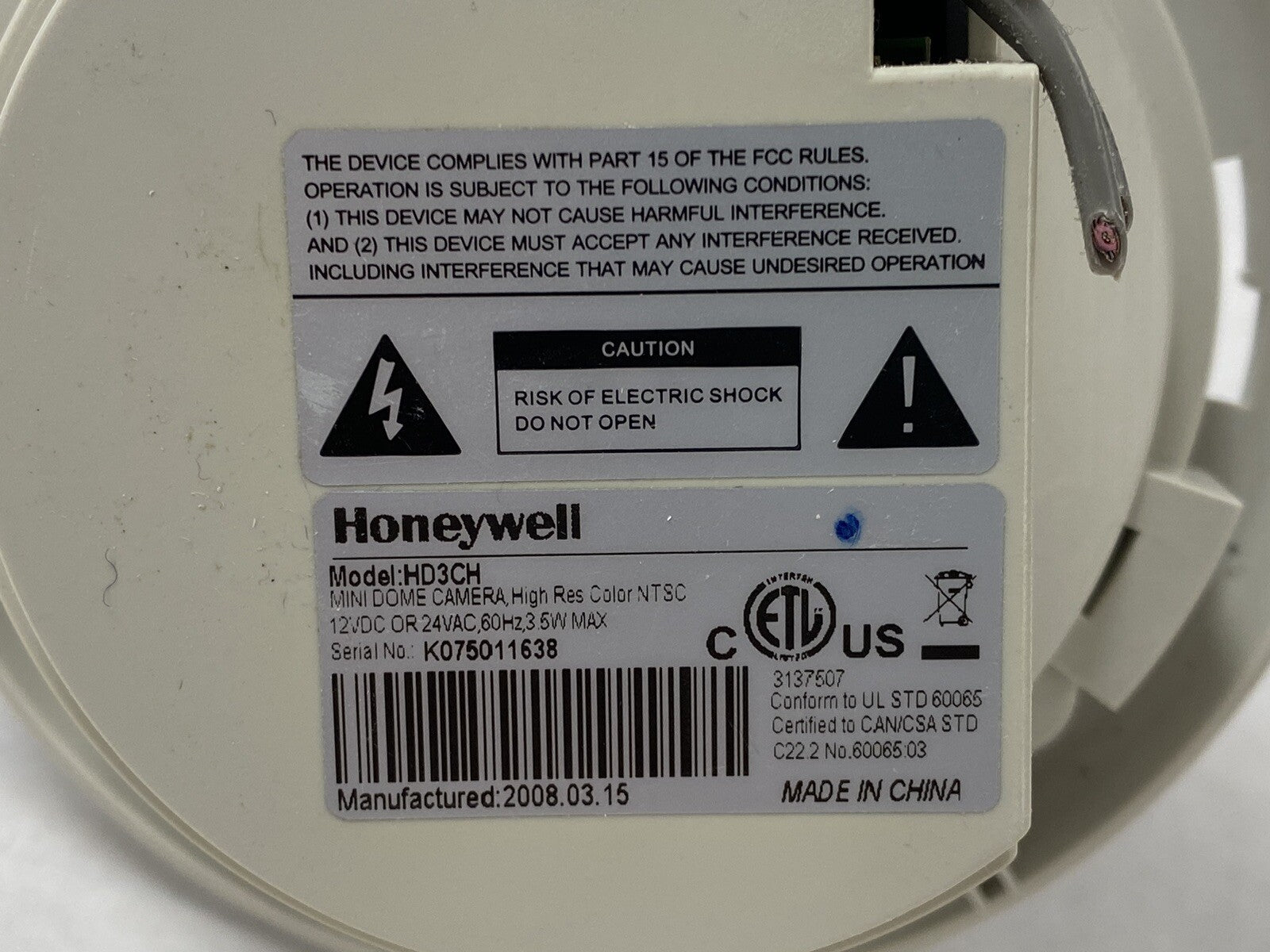 Honeywell HD3CH Security Color Digital Camera Untested For Parts or Repair