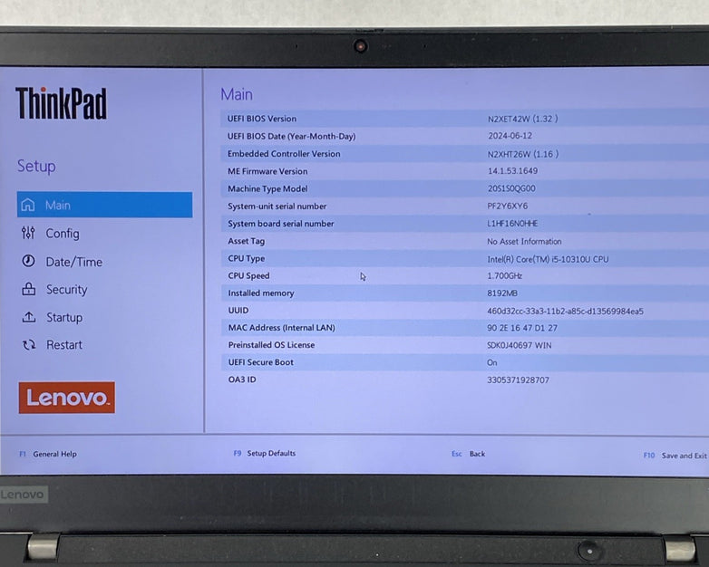 Lenovo ThinkPad T14 Gen 1 Core i5-10310U 1.70 GHz 8 GB RAM 14.0" No SSD No OS