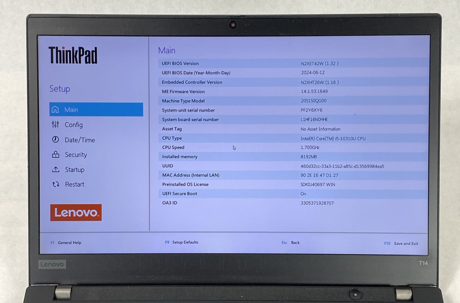 Lenovo ThinkPad T14 Gen 1 Core i5-10310U 1.70 GHz 8 GB RAM 14.0" No SSD No OS
