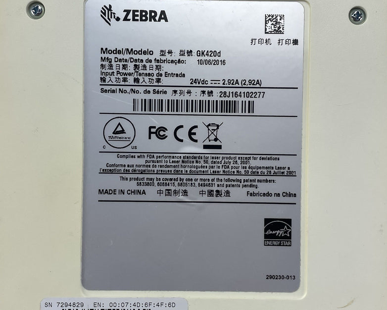 Zebra GK420D Direct Thermal Printer, Tested For Parts or Repair 297,991pgc