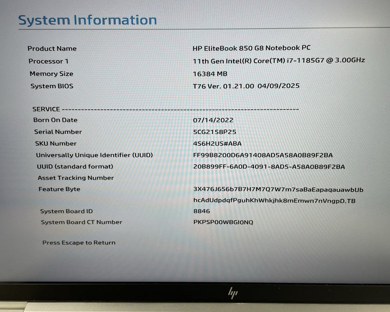 HP EliteBook 850 G8 15.6" i7-1185G7 3.00GHz 16GB RAM No SSD/OS/AC/Batt - Bad USB