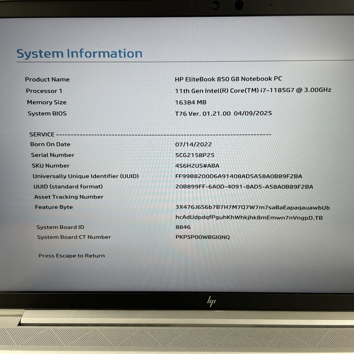 HP EliteBook 850 G8 15.6" i7-1185G7 3.00GHz 16GB RAM No SSD/OS/AC/Batt - Bad USB2
