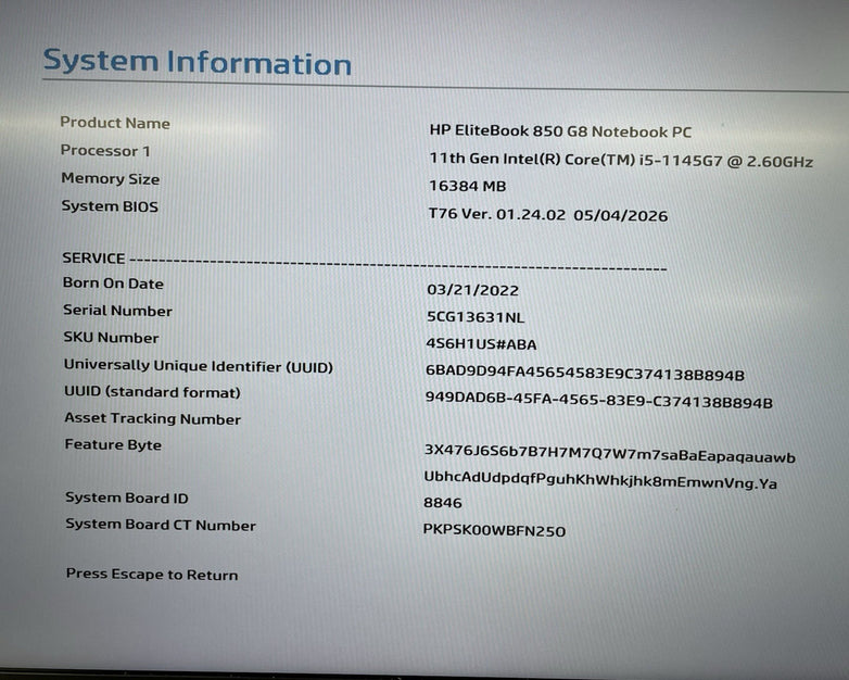 HP EliteBook 850 G8 15.6" i5-1145G7 2.60 GHz 16 GB RAM No SSD/OS/AC/Batt