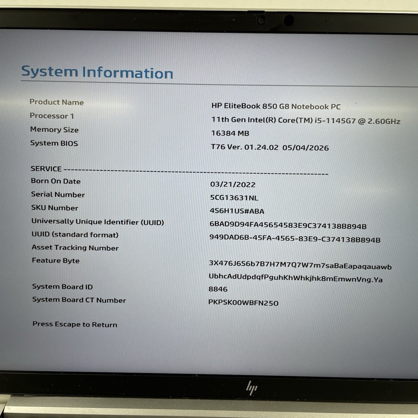 HP EliteBook 850 G8 15.6" i5-1145G7 2.60 GHz 16 GB RAM No SSD/OS/AC/Batt3