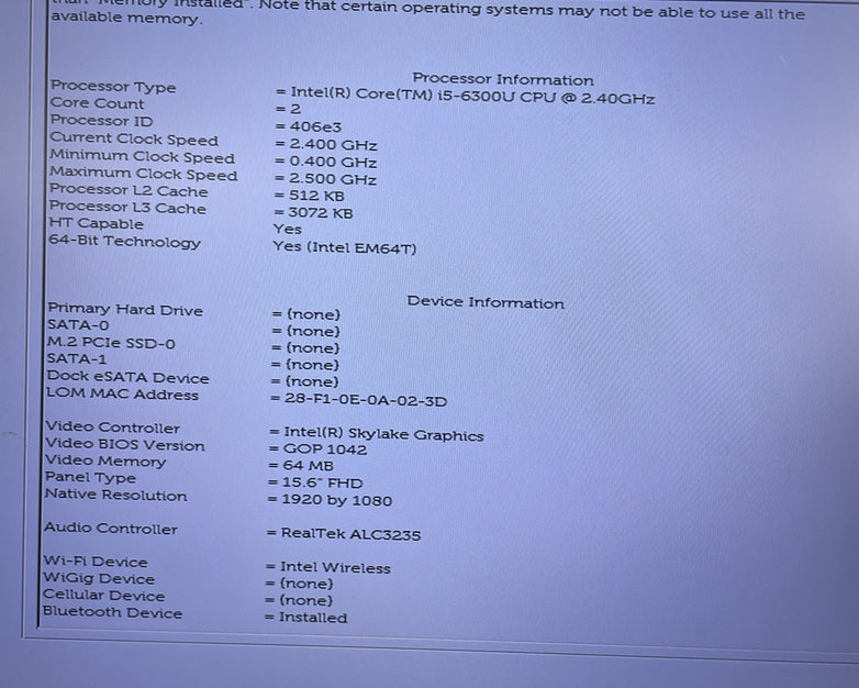 Dell Latitude E5570 15.6" i5-6300U 2.40 GHz 8 GB RAM No SSD/OS/AC/Batt - READ
