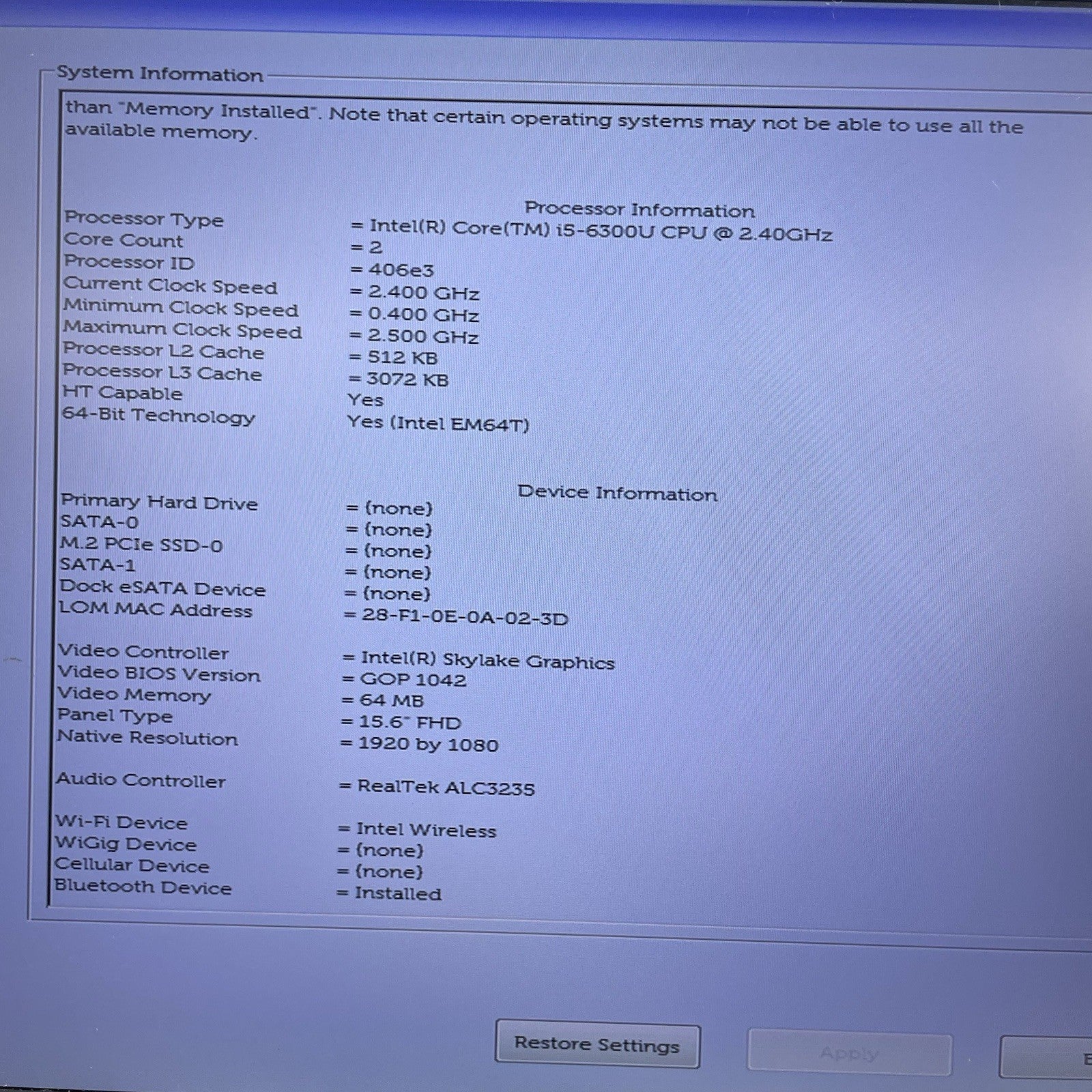 Dell Latitude E5570 15.6" i5-6300U 2.40 GHz 8 GB RAM No SSD/OS/AC/Batt - READ4