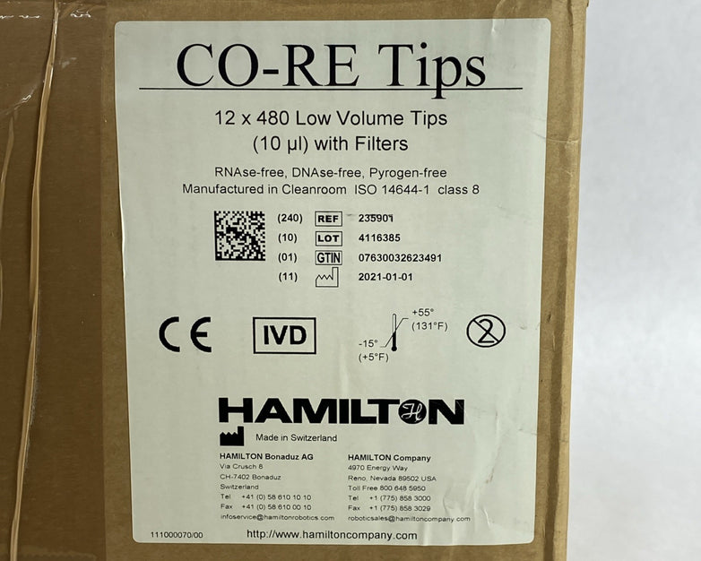 Hamilton 235901 CO-RE Tips 12 x 480 Low Volume Tips 10 µL w/Filters - 2880 Total
