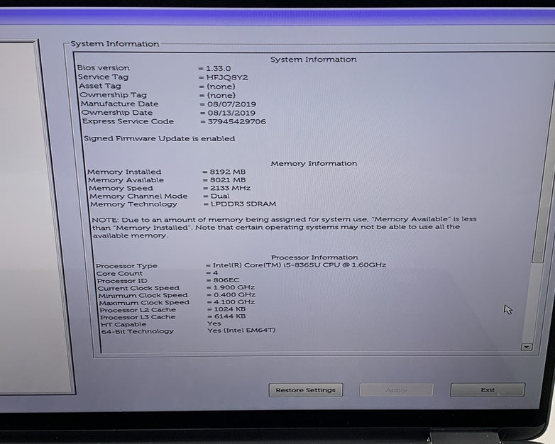 Dell Latitude 7400 2-in-1 14" i5-8365U 1.6 GHz 8 GB Ram No OS No HDD No Batt