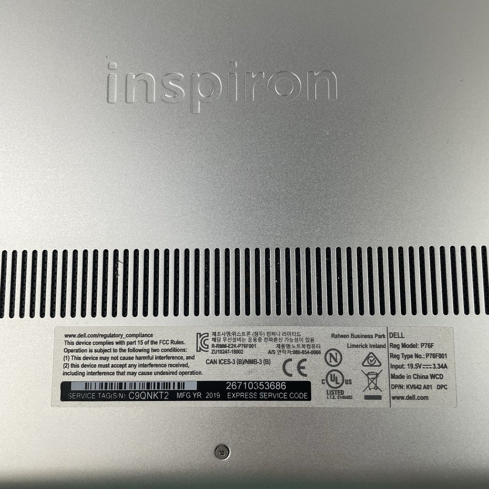 Dell Inspiron 7586 15.6" i5-8265U 1.60 GHz 8 GB RAM No SSD/OS/AC/Batt15