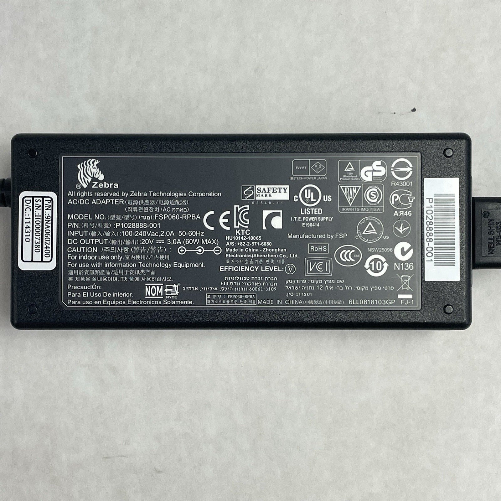 Zebra 60W 24V 2.5A AC Power Adapter Charger FSP060-RPAC P1076000-006