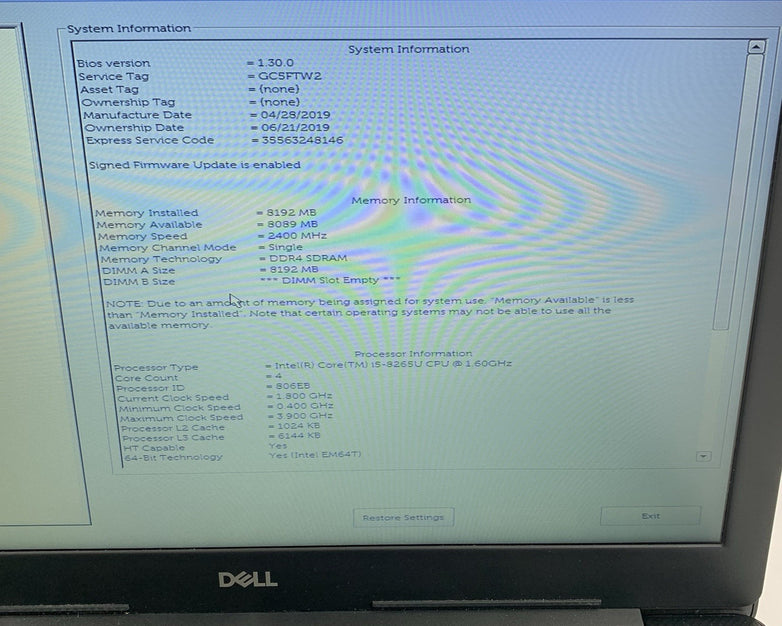 Dell Vostro 3583 15.6" Laptop I5-8265U 1.60 GHz 8 GB RAM No OS/HDD/AC