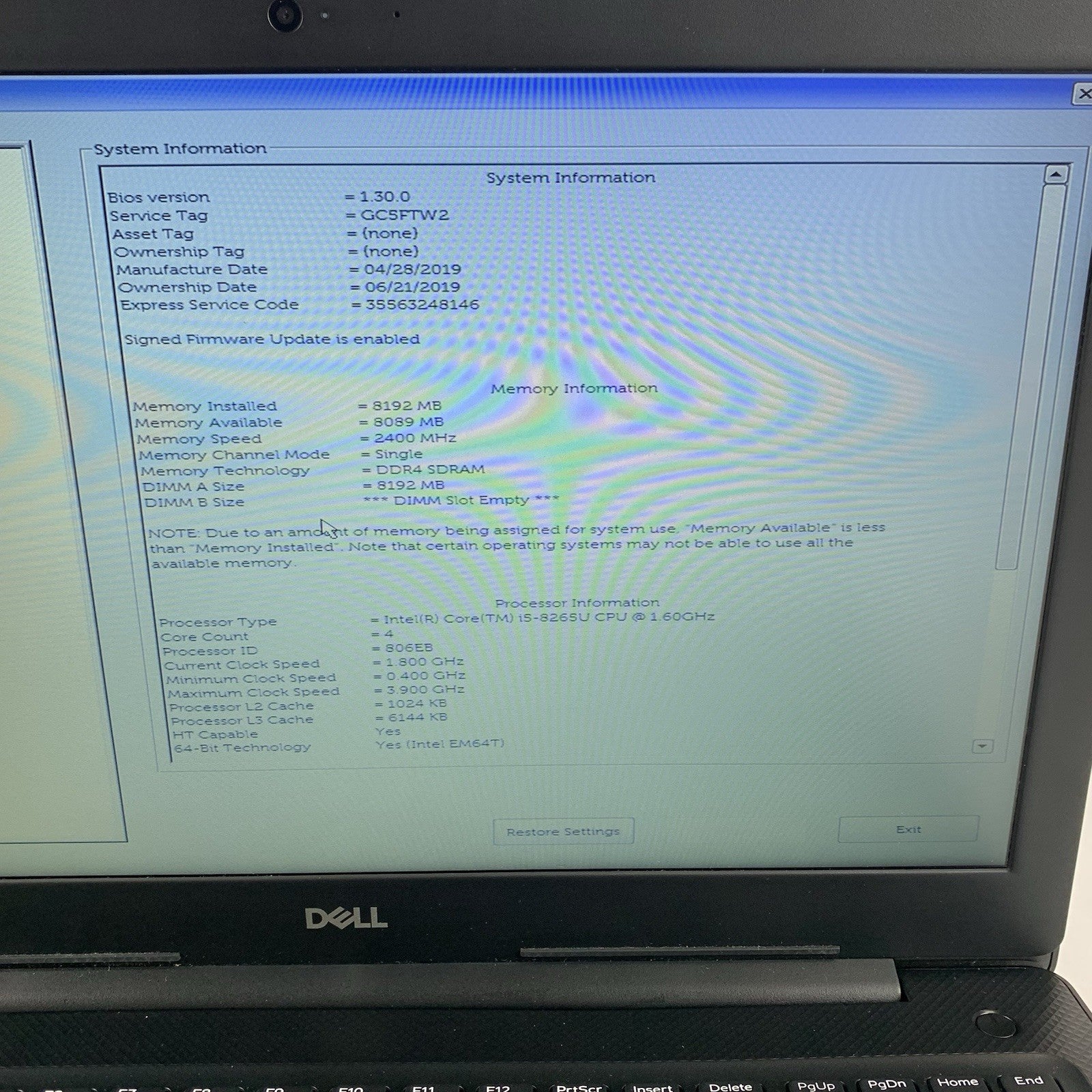 Dell Vostro 3583 15.6" Laptop I5-8265U 1.60 GHz 8 GB RAM No OS/HDD/AC2