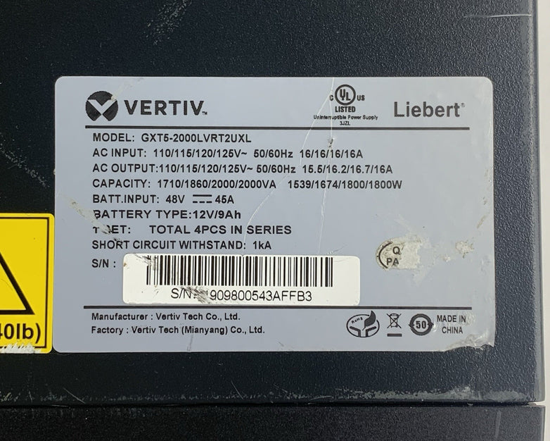 Vertiv GXT5-2000LVRT2UXL 2000VA 1800W UPS RDU101 Tested No Batteries No Ears