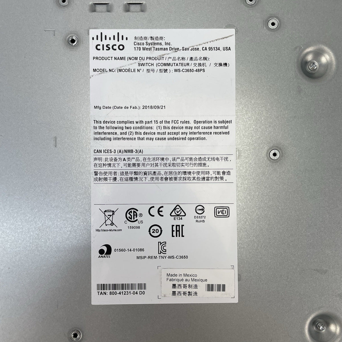 Cisco WS-C3650-48PS-L V05 48-Port PoE+ Switch 1x PSU Tested Reset10