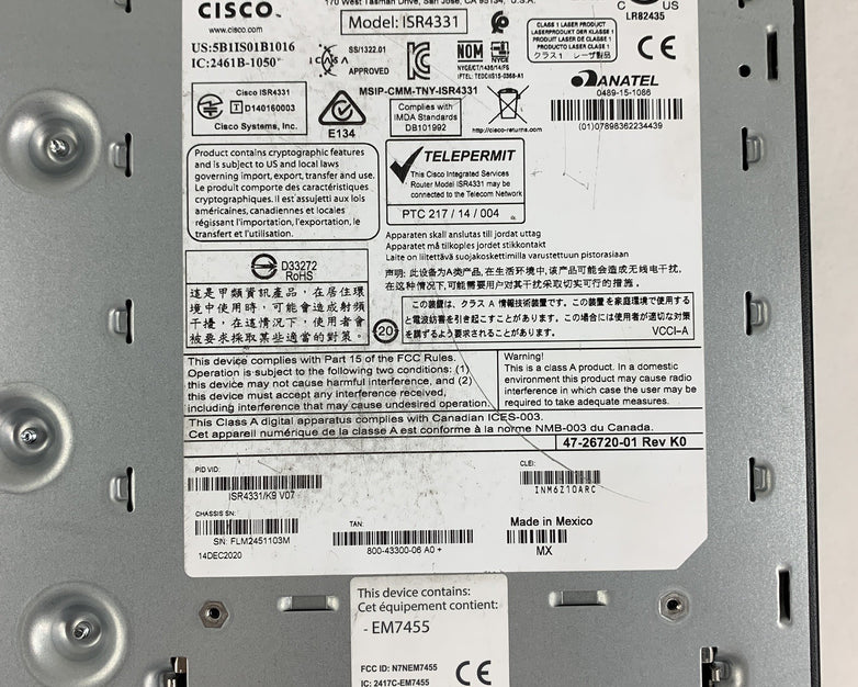 Cisco ISR4331/K9 Router Tested Reset W/  Rack Ears and NO Licenses