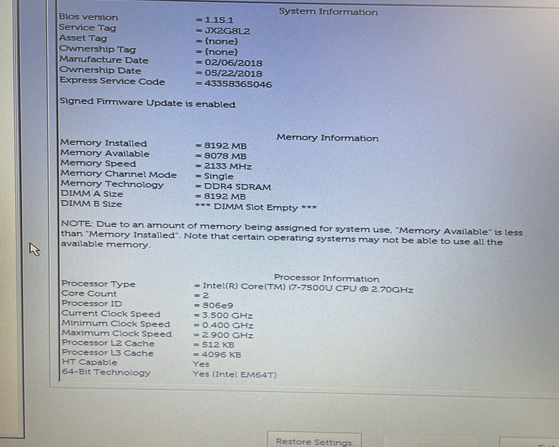 Dell Latitude 3580 15.6" i7-7500U 2.70 GHz 8 GB RAM No SSD/OS/AC/Battery