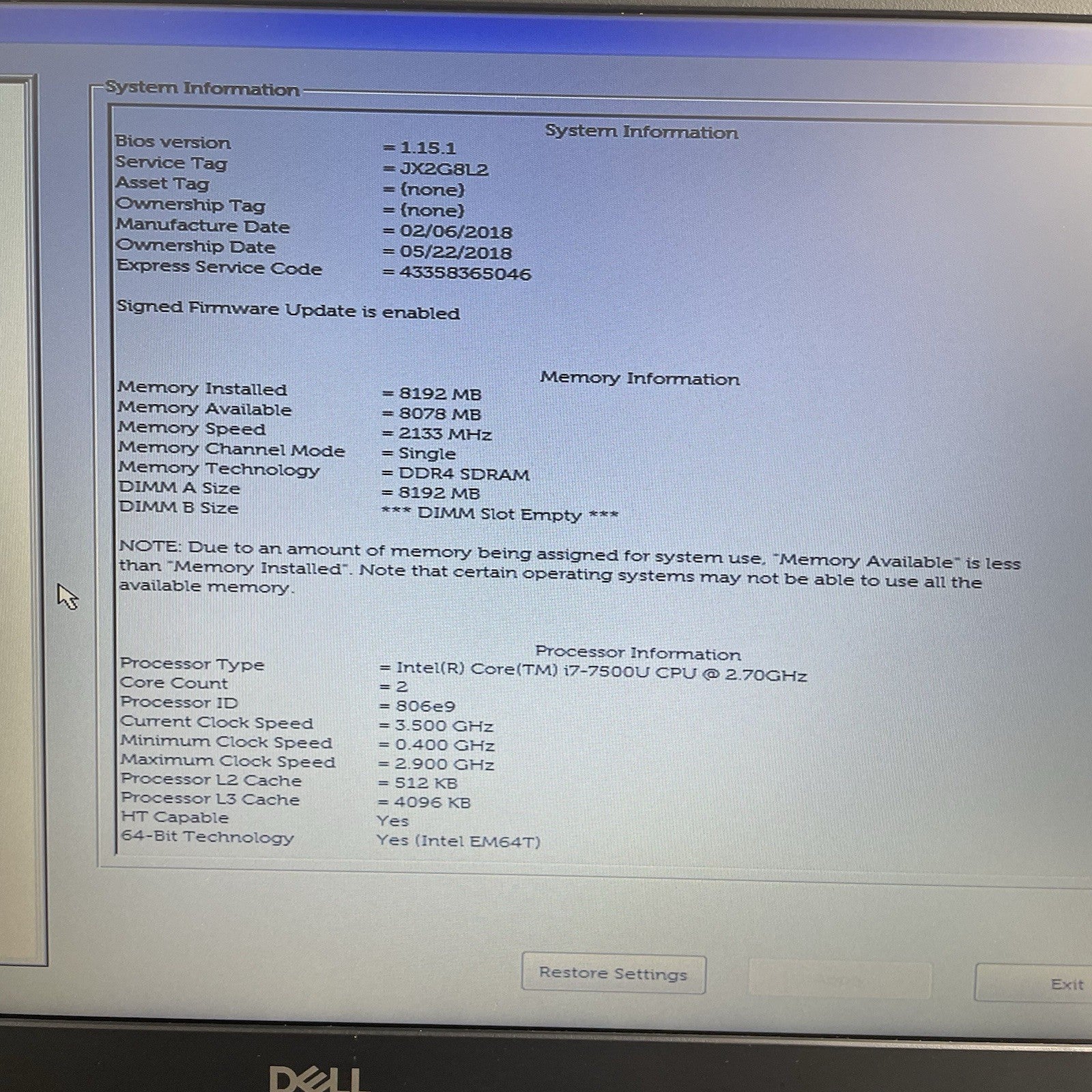 Dell Latitude 3580 15.6" i7-7500U 2.70 GHz 8 GB RAM No SSD/OS/AC/Battery3