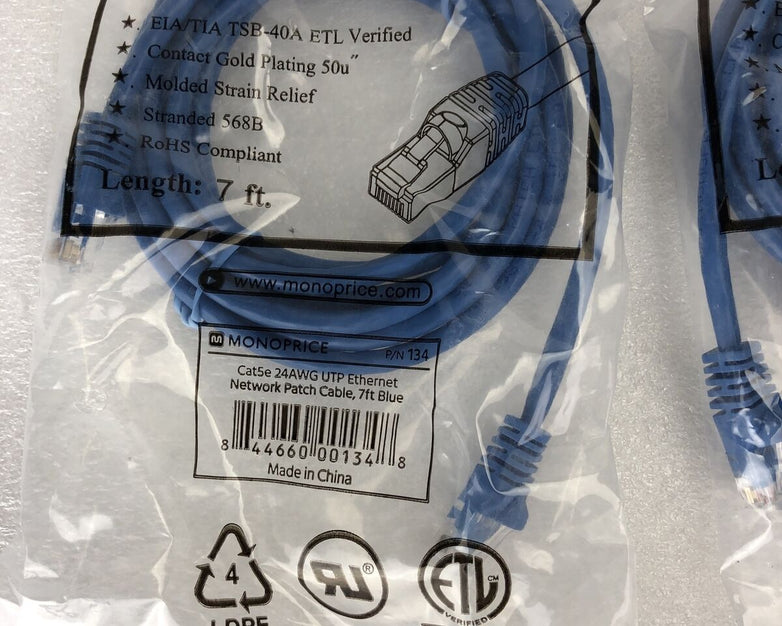 Monoprice Blue 7ft 5E Ethernet Patch Cord (UTP) - RJ45 350Mhz (Lot of 4)