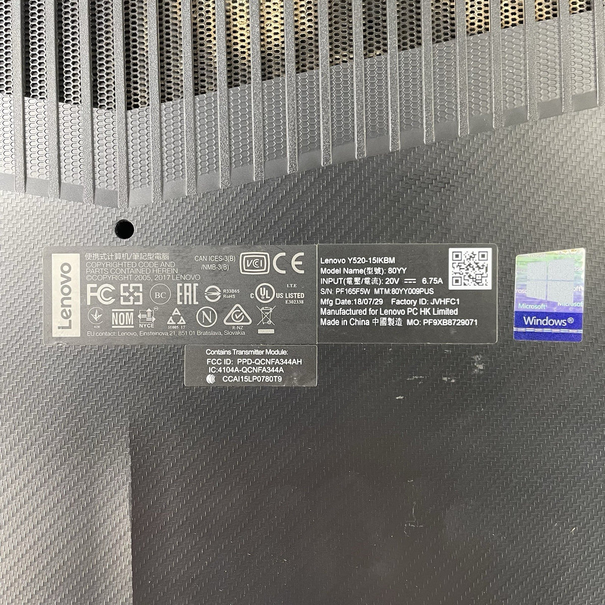 Lenovo Legion Y520 15.6" i7-7700HQ 2.80 GHz 16 GB RAM GTX 1060 No SSD/OS/AC15