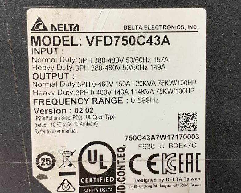 Delta C2000 VFD750C43A Frequency Converter - Untested