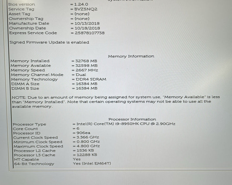 Dell Precision 5530 15.6" i9-8950HK 2.90 GHz 32 GB RAM No SSD/OS/AC
