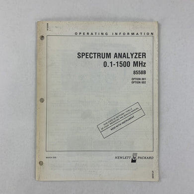 Hewlett Packard 8558B Spectrum Analyzer Operating Information 08558-90016