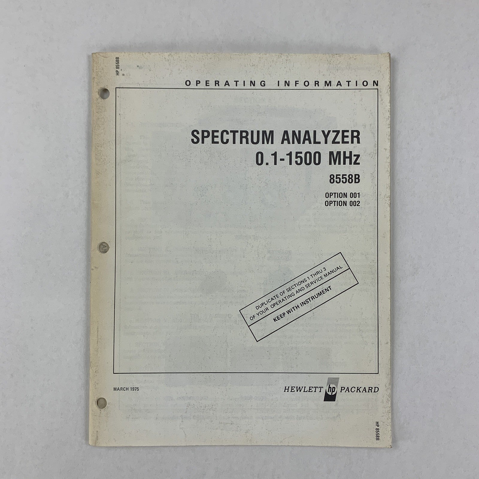 Hewlett Packard 8558B Spectrum Analyzer Operating Information 08558-90016