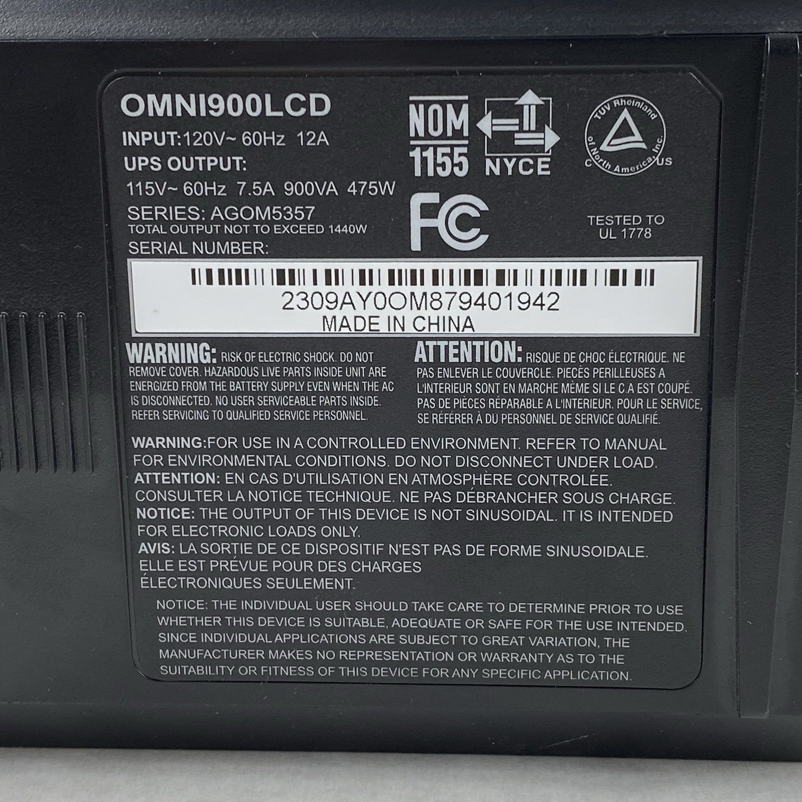 TrippLite OMNI900LCD 475W UPS Battery Backup No Battery Power Tested