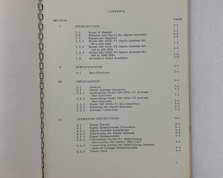 Singer 1-500783-322 Dipole Antennas Instruction Manual DM-105A-T1 / T2 / T3