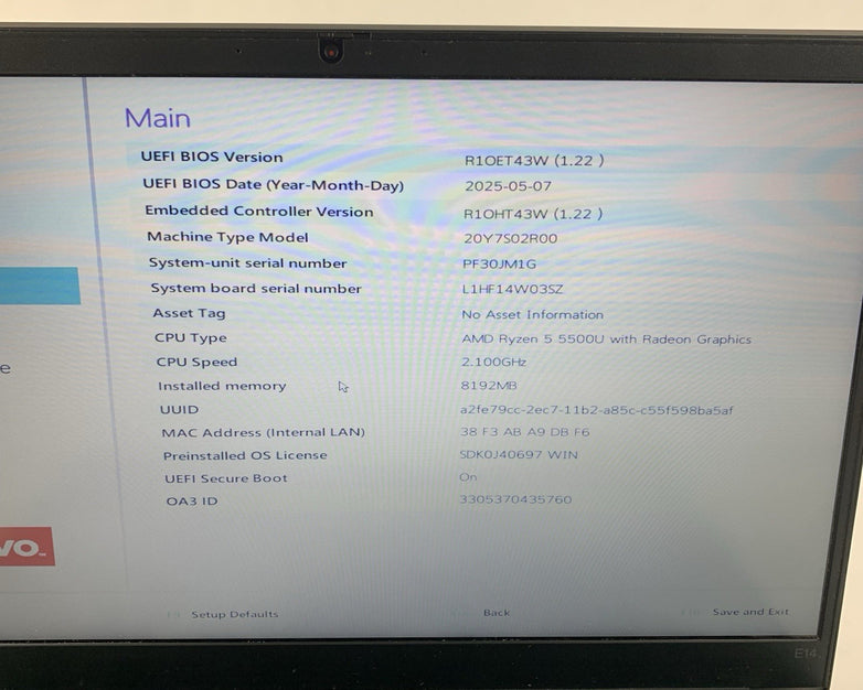 Lenovo ThinkPad E14 Gen 3 14" Ryzen 5 5500U 2.1 Ghz 8 GB Ram No OS No HDD No AC