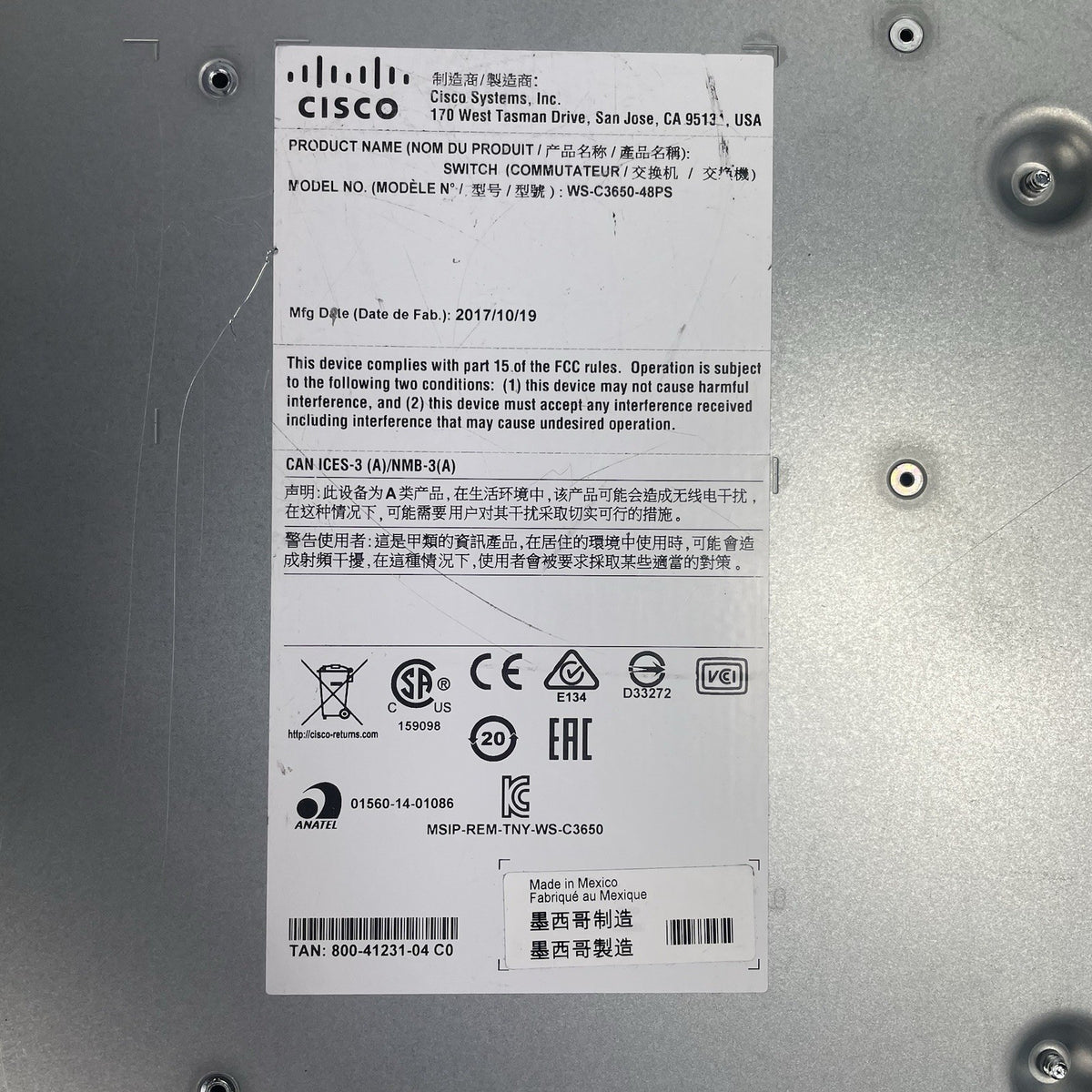 Cisco WS-C3650-48PS-S V05  Tested & Reset 1X PSU15