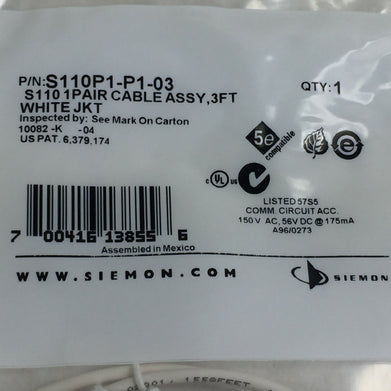 Seimens S110 Cable Assy  3 ft  S110P1-P1-03  White