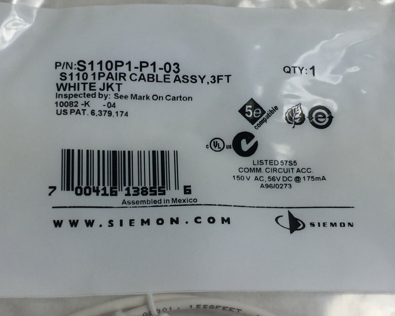 Seimens S110 Cable Assy  3 ft  S110P1-P1-03  White